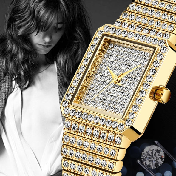 Diamond Watch Luxury Brand Gold Square Watch Minimalist Analog Quartz Movt