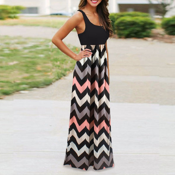 Dress Striped Design Long Boho Dress Lady Sleeveless