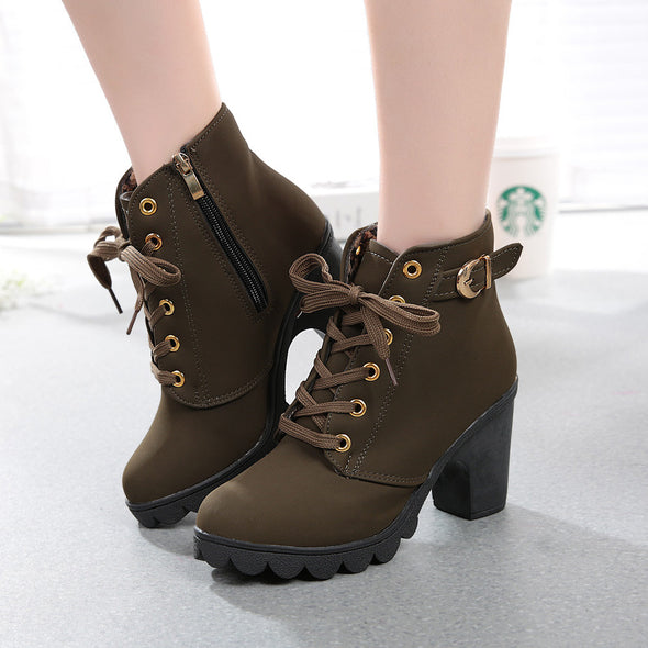 Ankle Boots Buckle Platform Artificial Leather Winter High Heel Lace Up